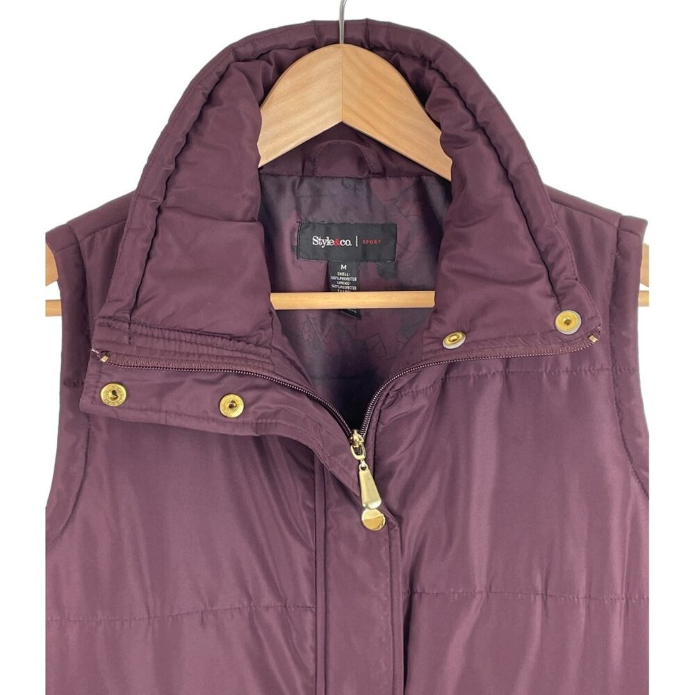 Style & Co Womens Size Medium Burgundy Puffer Vest w/Gold Zipper & Snaps - Picture 5 of 10
